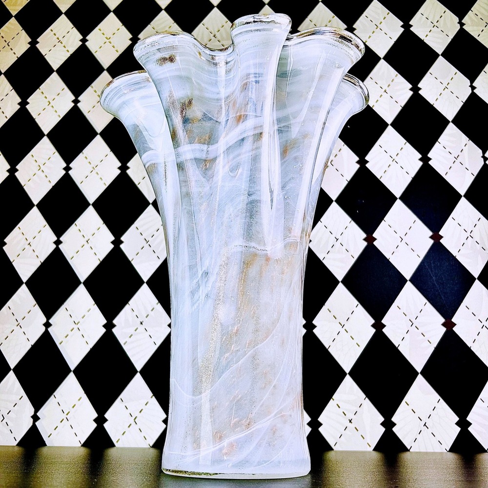 White Opaline Art Glass Vase 15" Ruffled Aventurine Statement - Picture 7 of 17